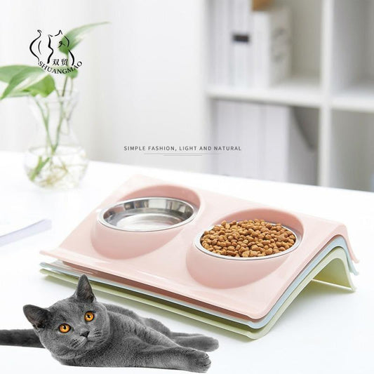 Pet Double Bowls Food Water Feeder - Stainless Steel Cat Food Bowl - toys4pets.shop