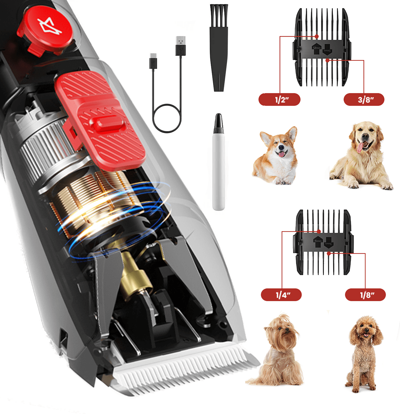 Grooming Clippers Kit - 2 Modes Low Noise, Ceramic Detachable Blade, Professional Cordless Rechargeable Dog Hair Clippers for Grooming，Hair Trimmer for Small Large Dogs, Cats, Pets - toys4pets.shop